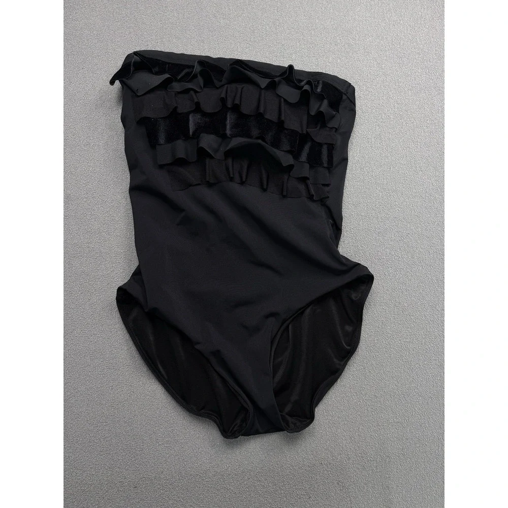 Spanx Size 8 One-piece Swimsuit Black Ruffle Strapless